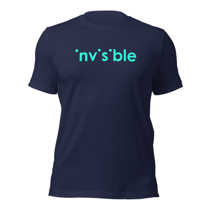 Navy Unisex T-Shirt mit invisible türkis farbendem Print bei dem die i-Punkte fehlen