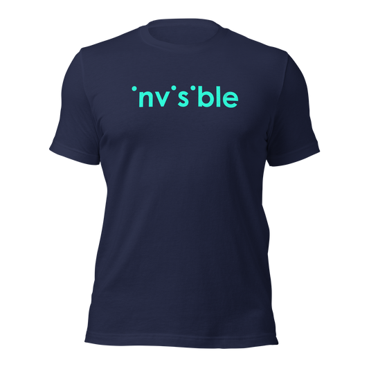 Navy Unisex T-Shirt mit invisible türkis farbendem Print bei dem die i-Punkte fehlen