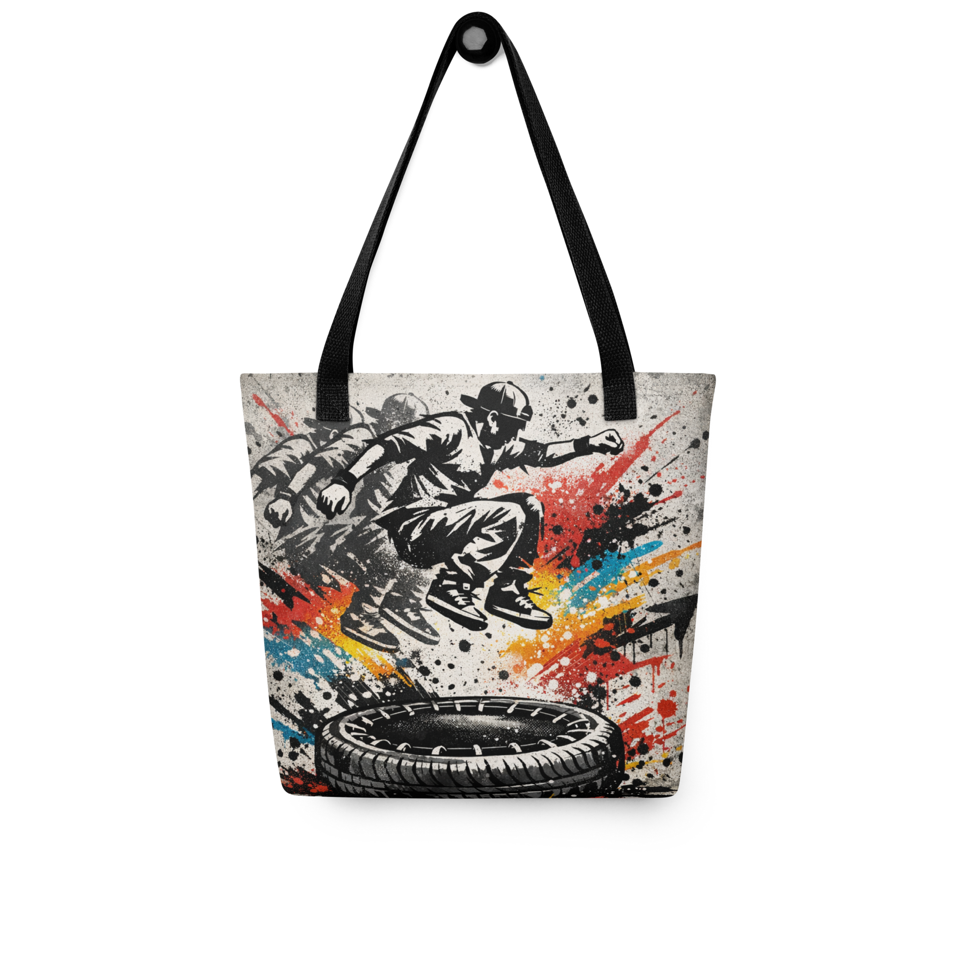 All-Over Stoffbeutel im Street-Art-Look mit  Mann der auf Reifentrampolin springt und Graffiti-Splashes, mit schwarzen Henkeln