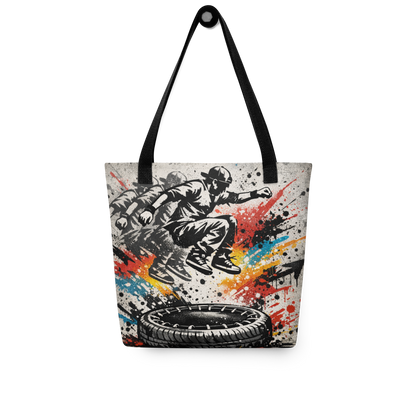 All-Over Stoffbeutel im Street-Art-Look mit  Mann der auf Reifentrampolin springt und Graffiti-Splashes, mit schwarzen Henkeln