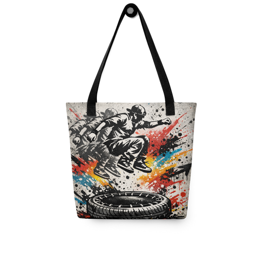 All-Over Stoffbeutel im Street-Art-Look mit  Mann der auf Reifentrampolin springt und Graffiti-Splashes, mit schwarzen Henkeln