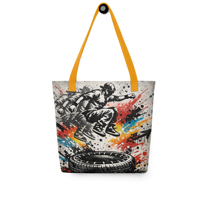 All-Over Stoffbeutel im Street-Art-Look mit  Mann der auf Reifentrampolin springt und Graffiti-Splashes, mit gelben Henkeln