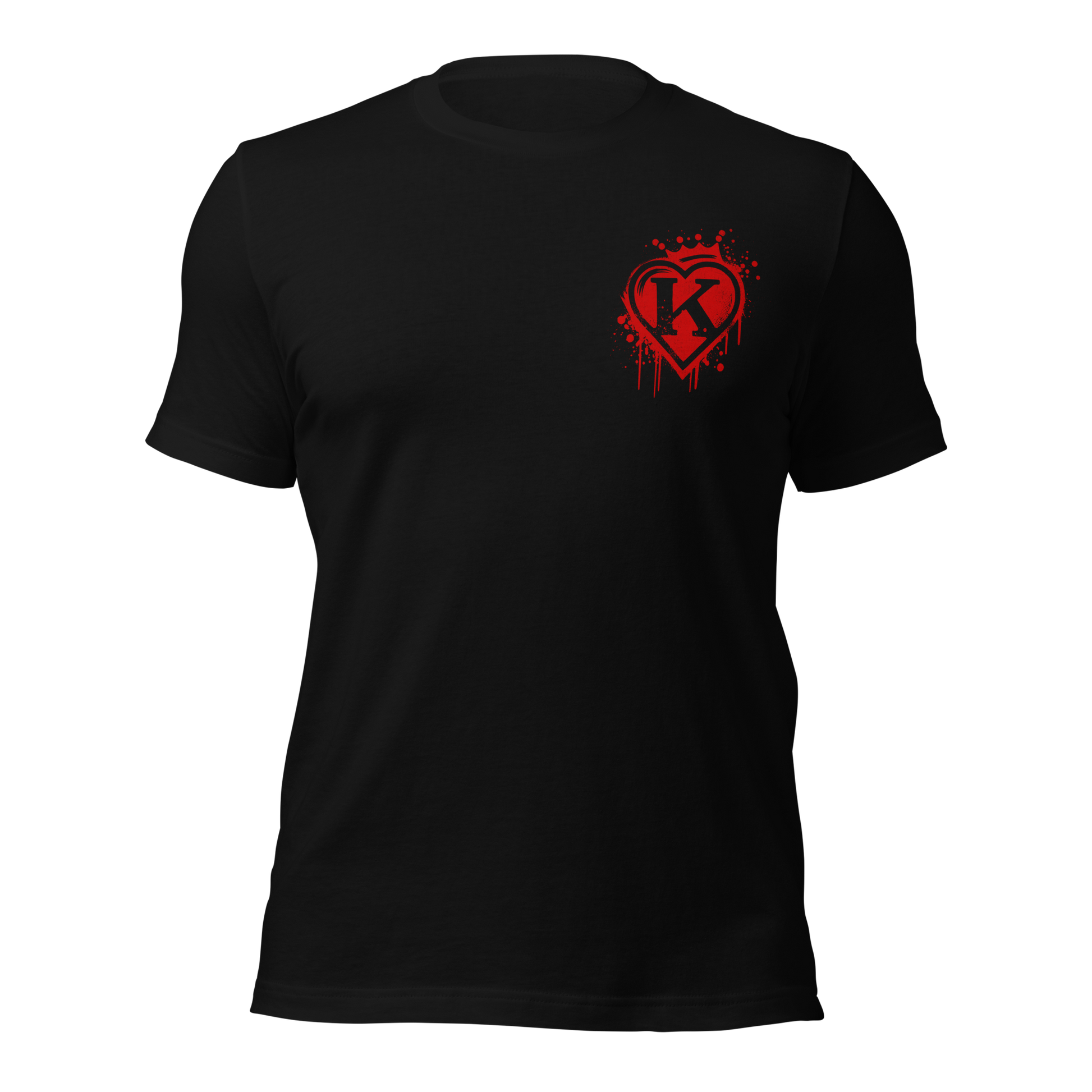 Schwarzes Unisex T-Shirt mit rotem Graffitiherz mit Krone und K in der Mitte