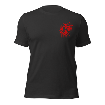 Dunkelgraues Unisex T-Shirt mit rotem Graffitiherz mit Krone und K in der Mitte