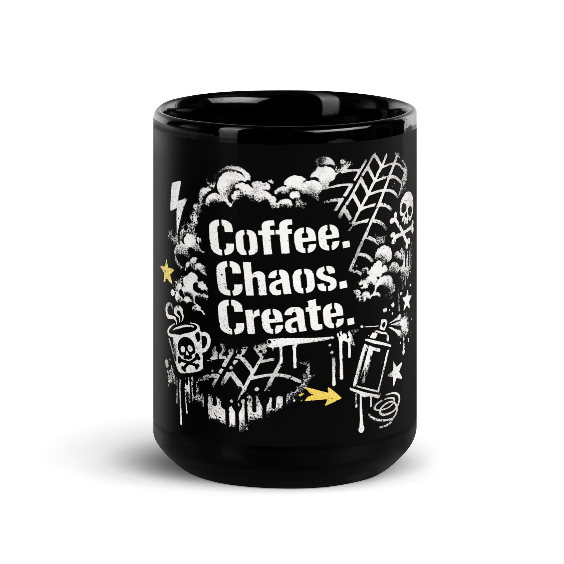 Schwarze Tasse mit Coffee & Chaos Design, Reifenprofil-Details und urbanem Graffiti-Vibe
