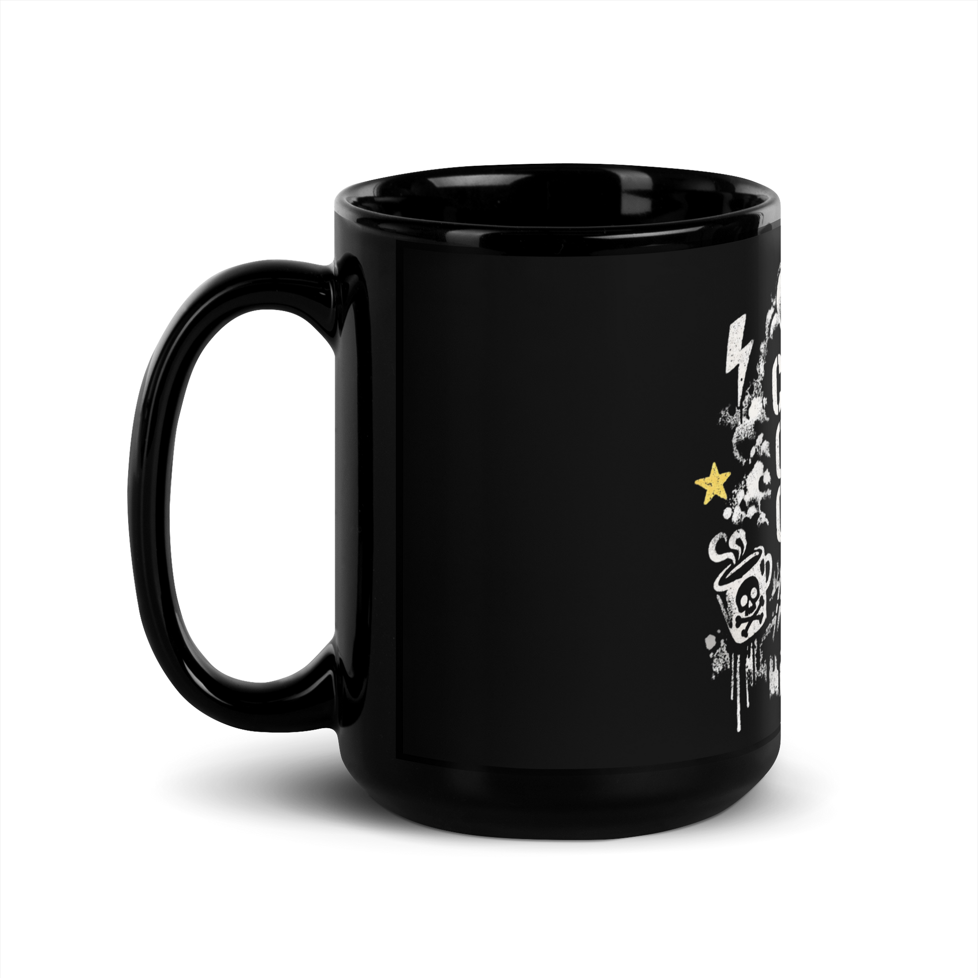 Tasse mit Coffee & Chaos Design, Reifenprofil-Details und urbanem Graffiti-Vibe, Seitenansicht Links