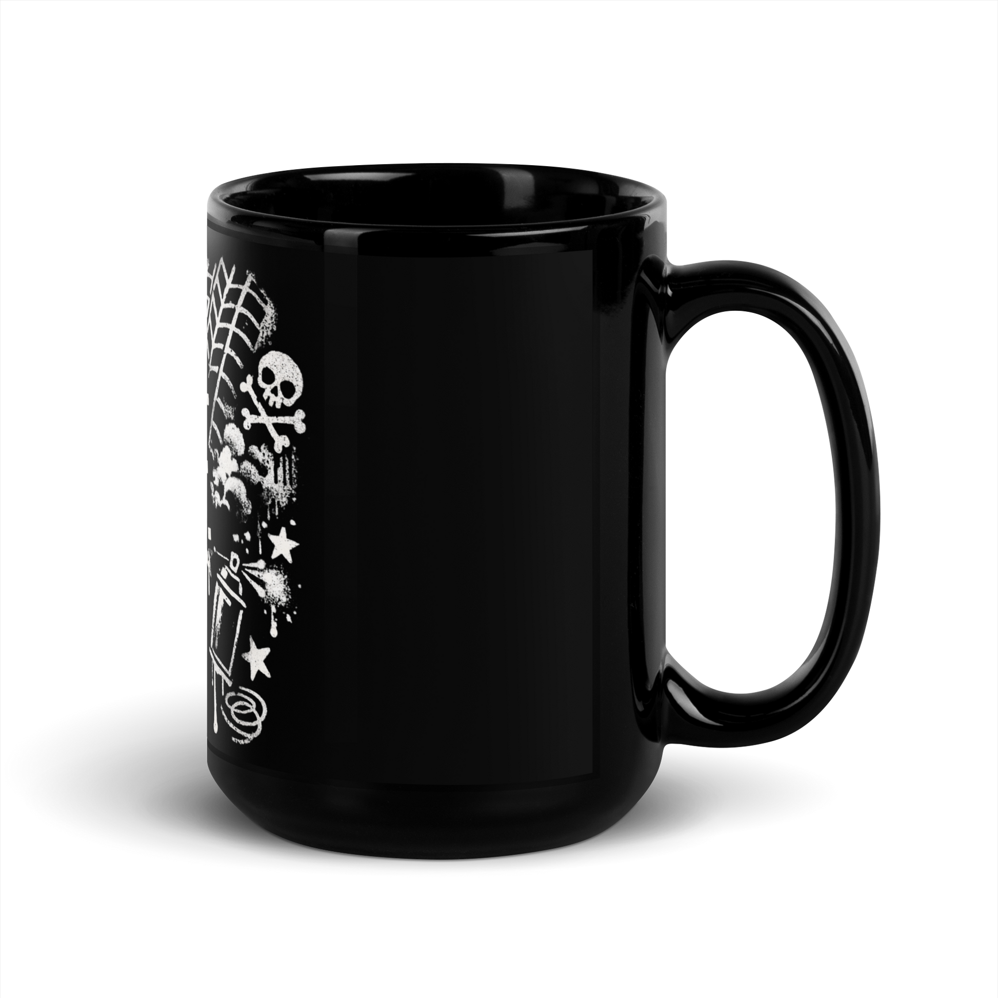 Tasse mit Coffee & Chaos Design, Reifenprofil-Details und urbanem Graffiti-Vibe, Seitenansicht Rechts