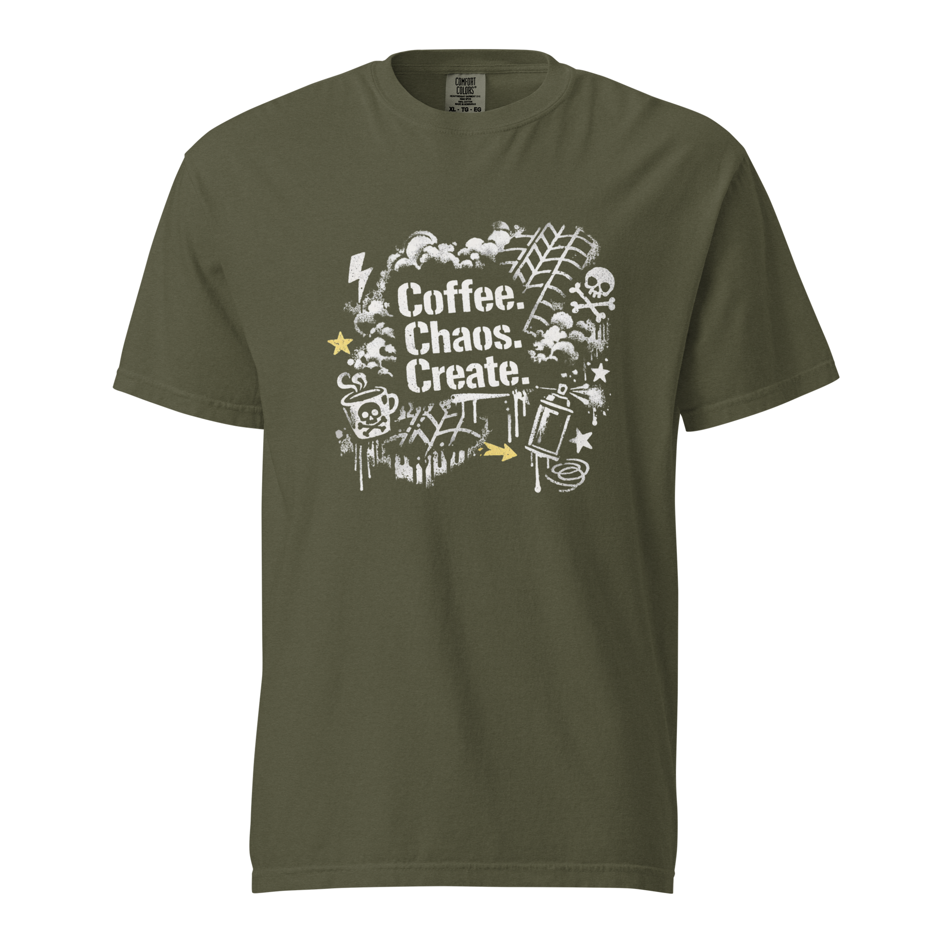 Army grünes Street-Art T-Shirt mit Coffee & Chaos Design, Reifenprofil-Details und urbanem Graffiti-Vibe