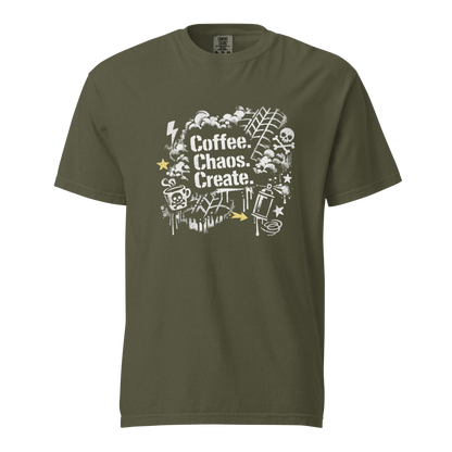 Army grünes Street-Art T-Shirt mit Coffee & Chaos Design, Reifenprofil-Details und urbanem Graffiti-Vibe