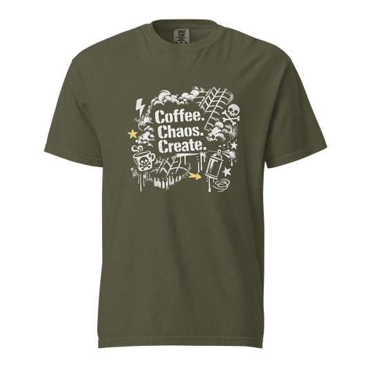 Army grünes Street-Art T-Shirt mit Coffee & Chaos Design, Reifenprofil-Details und urbanem Graffiti-Vibe