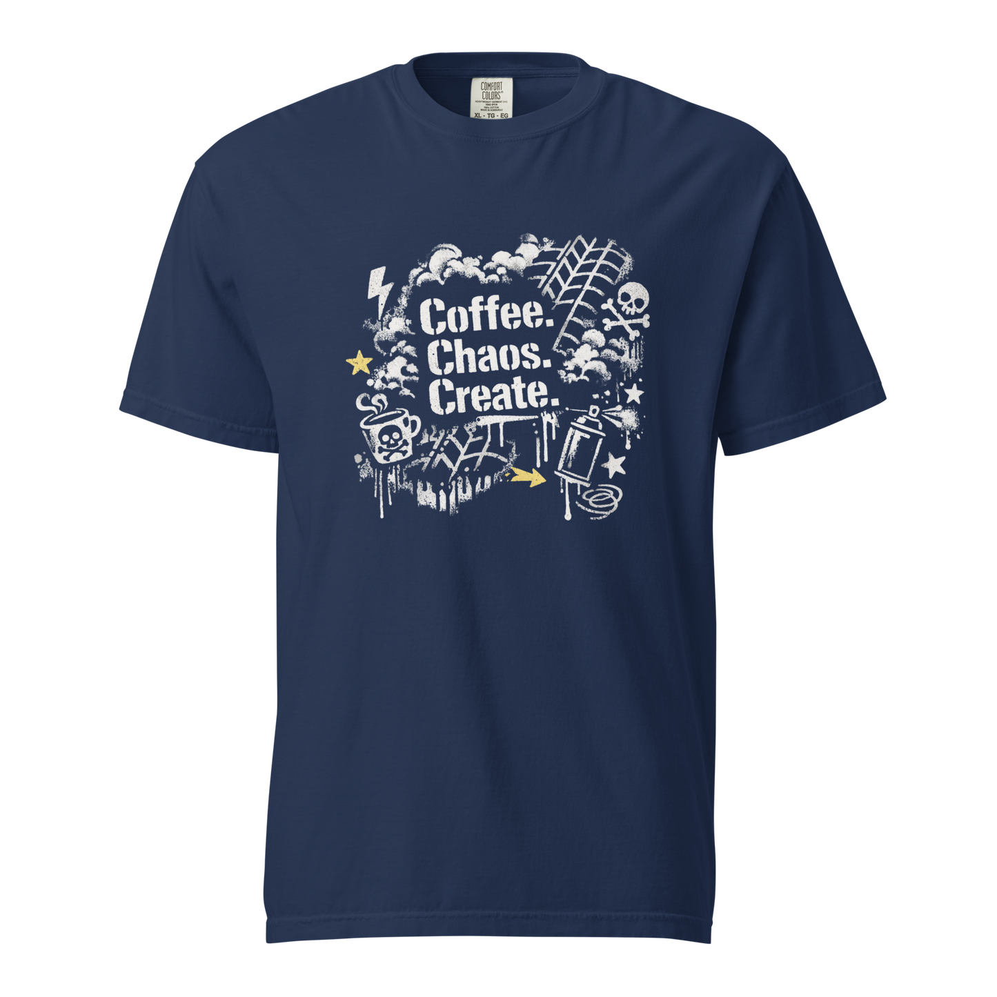 Blaues Street-Art T-Shirt mit Coffee & Chaos Design, Reifenprofil-Details und urbanem Graffiti-Vibe