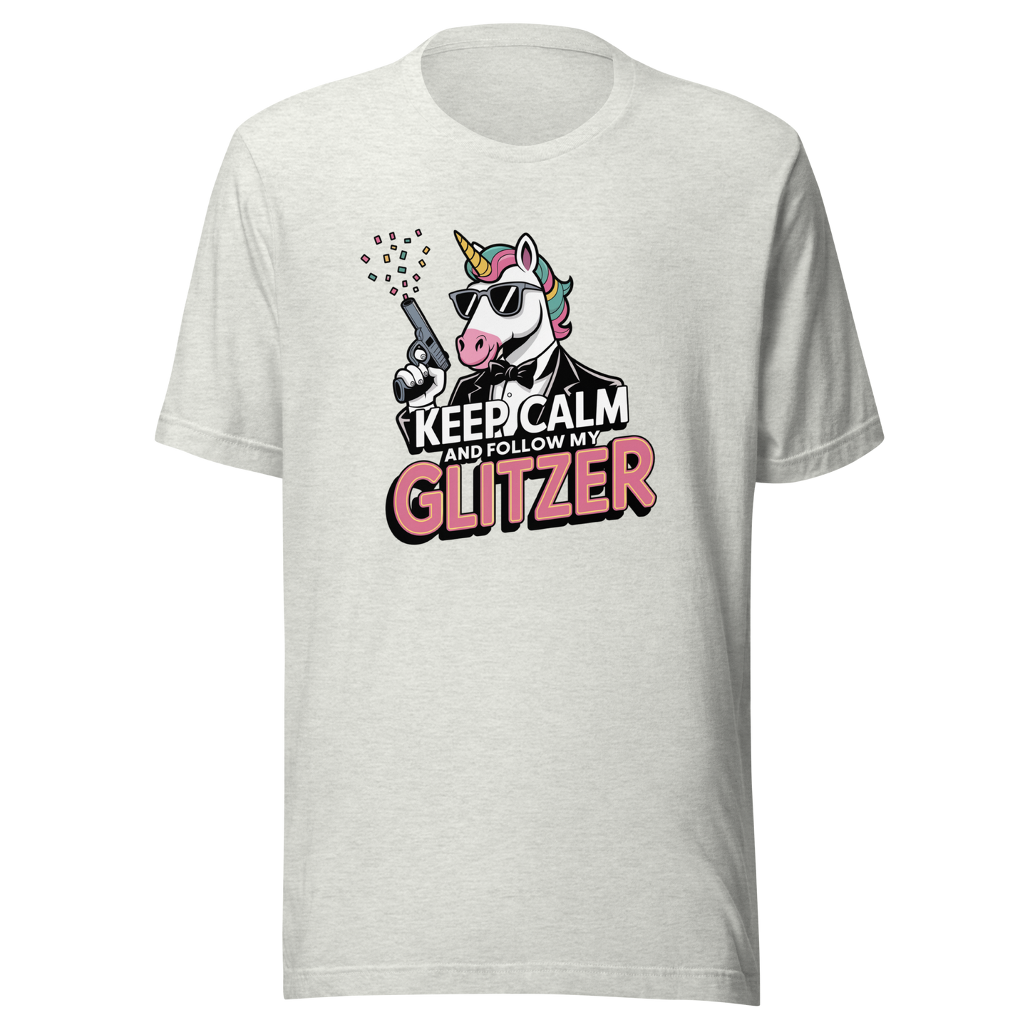 Aschgraues Unisex T-Shirt mit Einhorn und Keep calm and follow my Glitzer Print