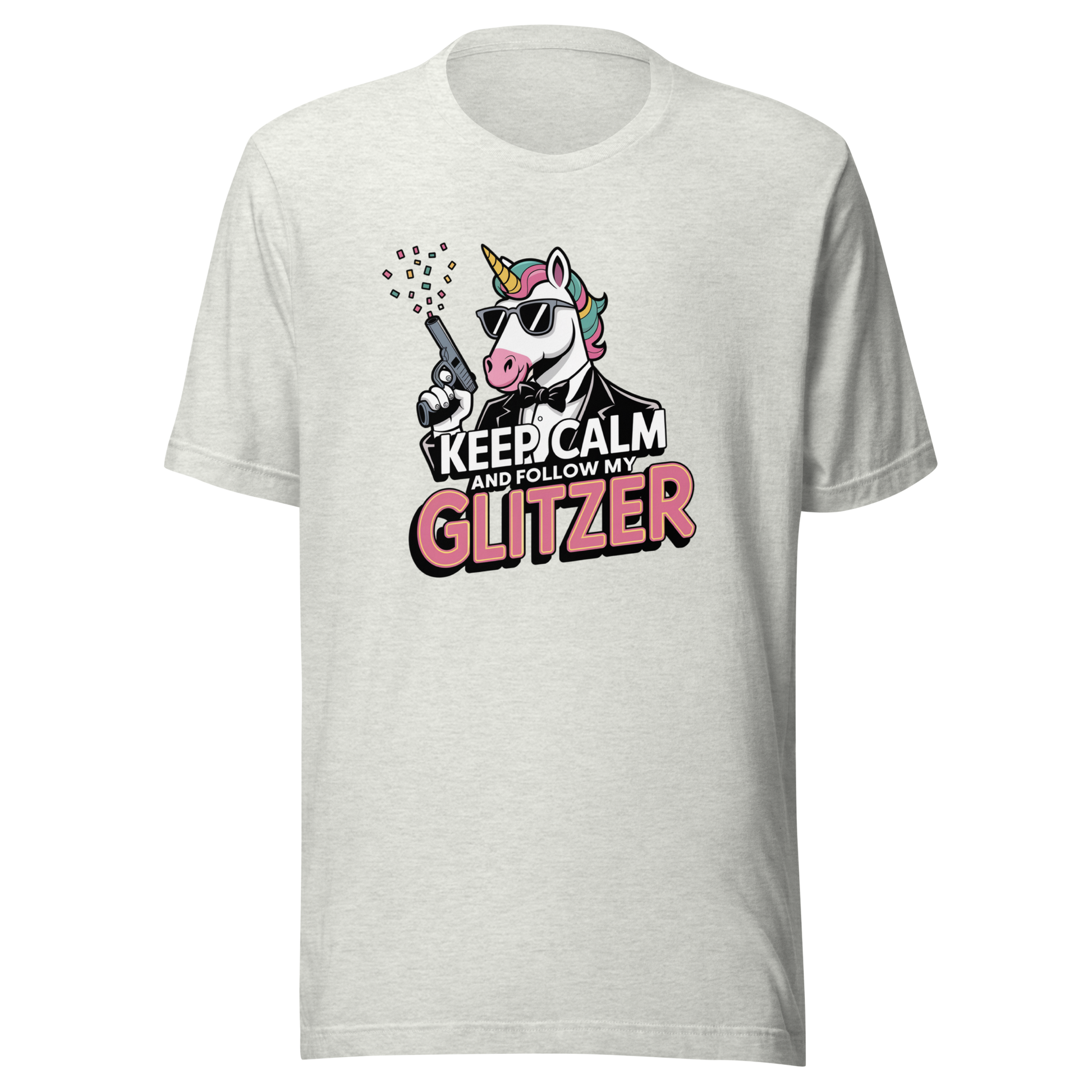 Aschgraues Unisex T-Shirt mit Einhorn und Keep calm and follow my Glitzer Print