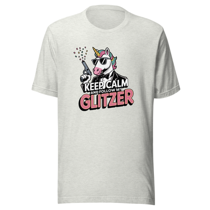 Aschgraues Unisex T-Shirt mit Einhorn und Keep calm and follow my Glitzer Print