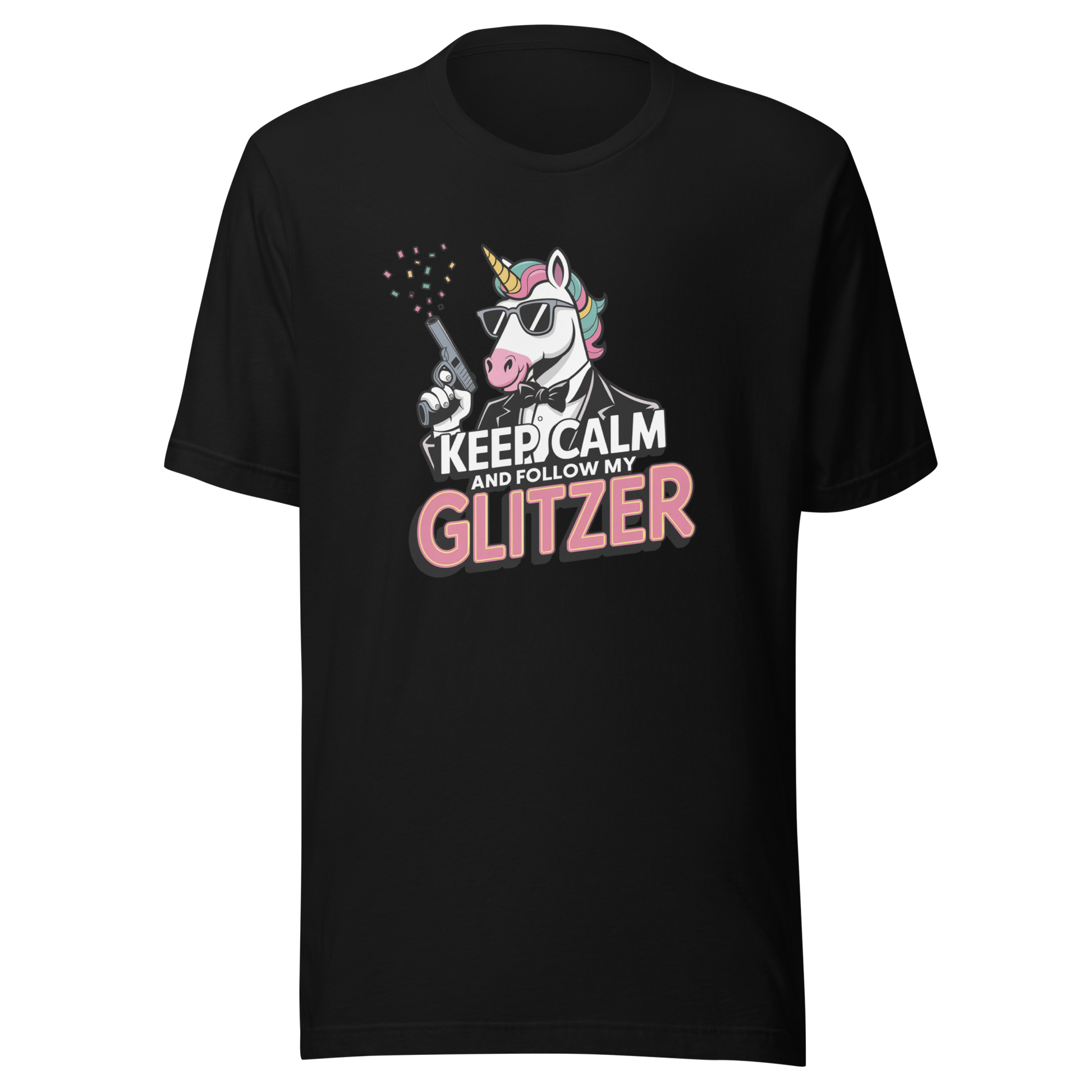 Schwarzes Unisex T-Shirt mit Einhorn und Keep calm and follow my Glitzer Print