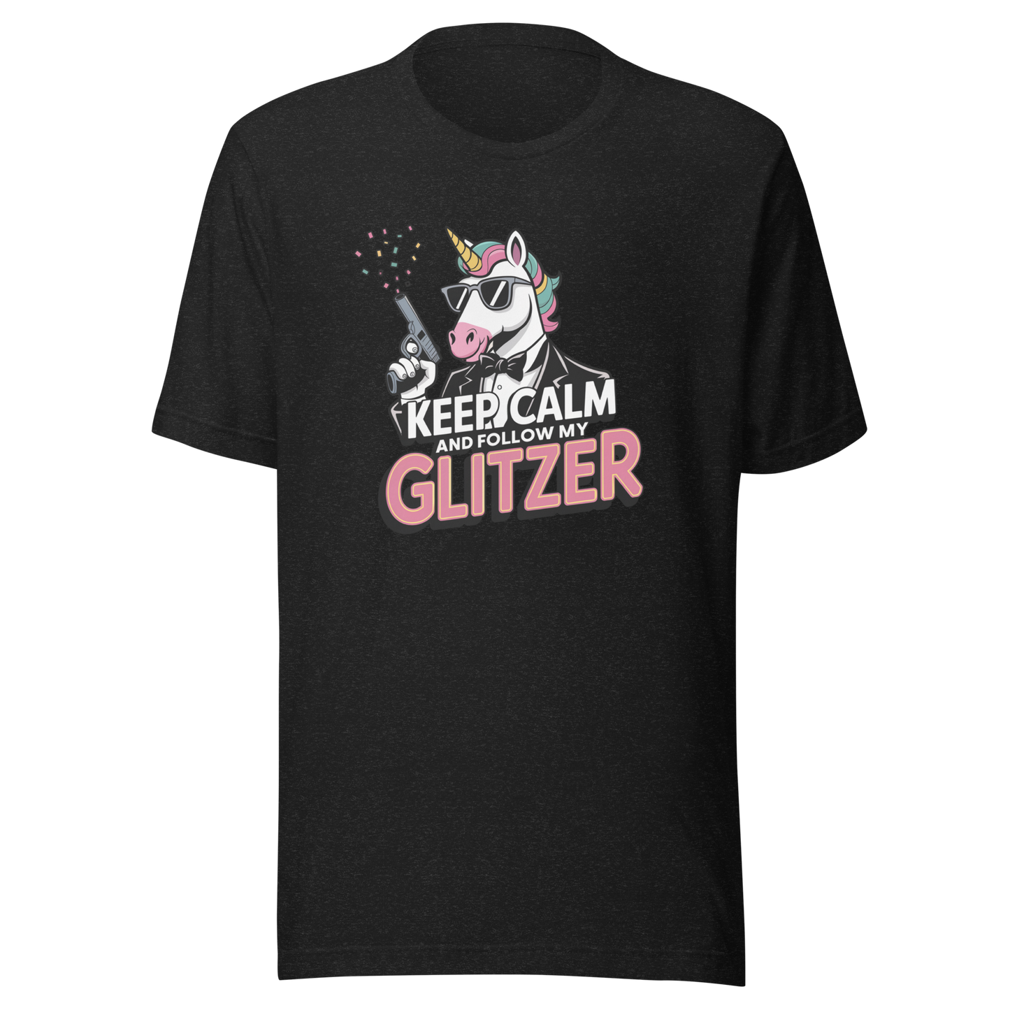 Schwarz Heather Unisex T-Shirt mit Einhorn und Keep calm and follow my Glitzer Print