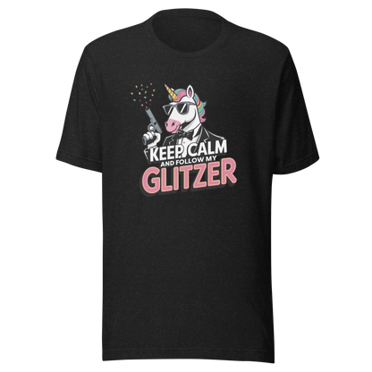 Schwarz Heather Unisex T-Shirt mit Einhorn und Keep calm and follow my Glitzer Print