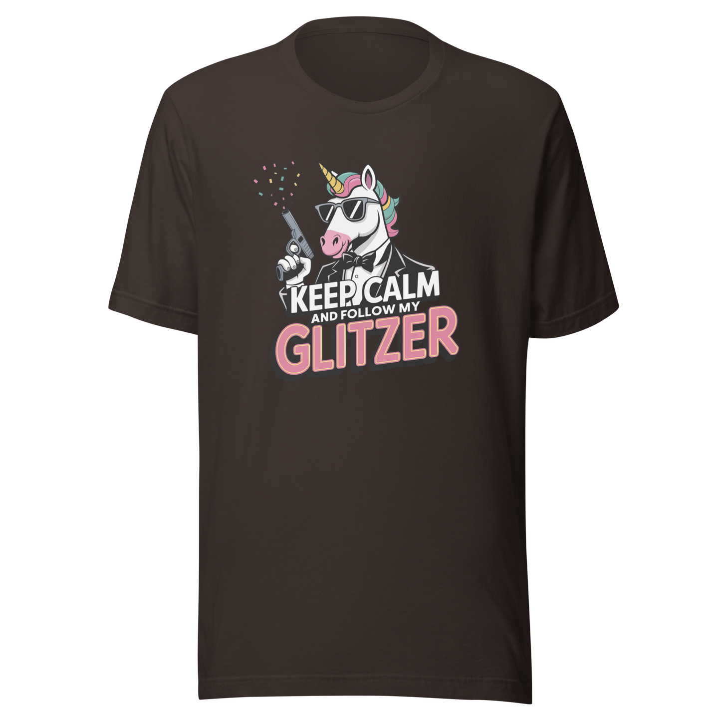 Braunes Unisex T-Shirt mit Einhorn und Keep calm and follow my Glitzer Print