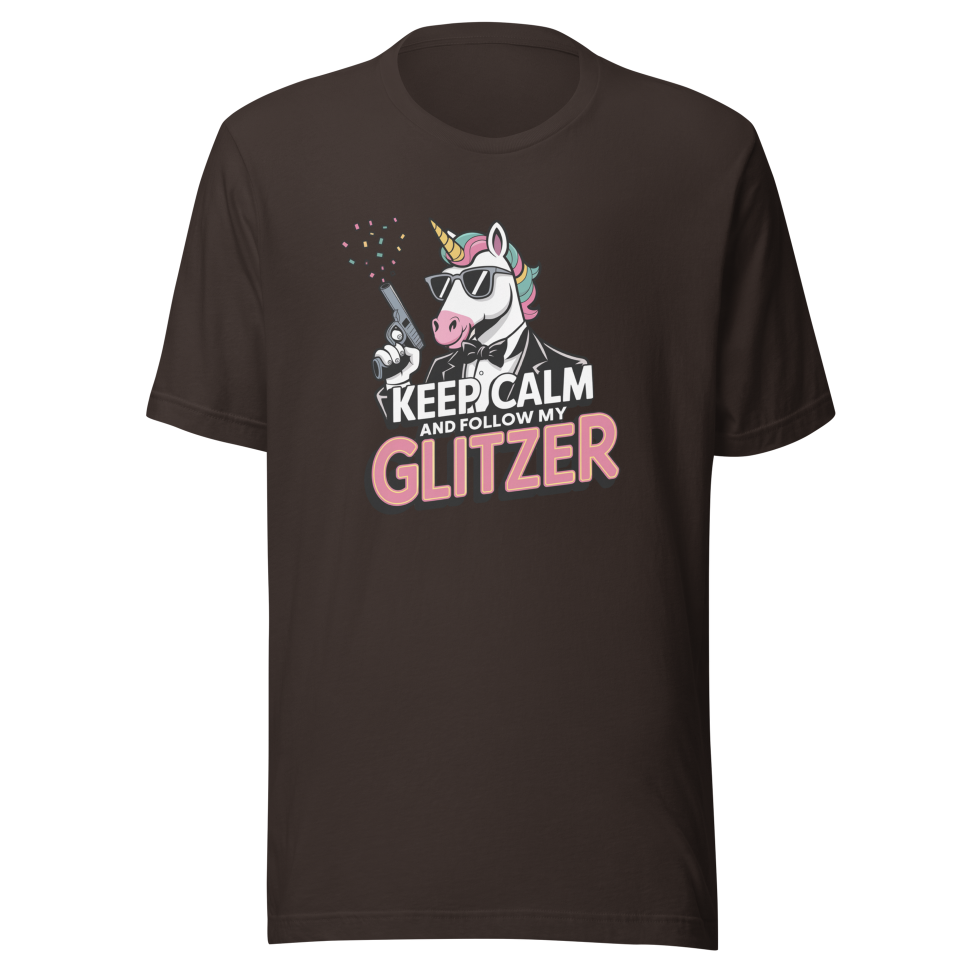 Braunes Unisex T-Shirt mit Einhorn und Keep calm and follow my Glitzer Print
