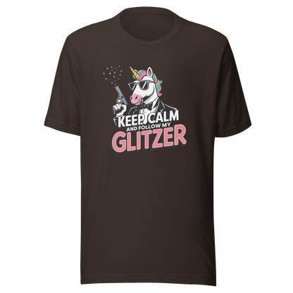 Braunes Unisex T-Shirt mit Einhorn und Keep calm and follow my Glitzer Print