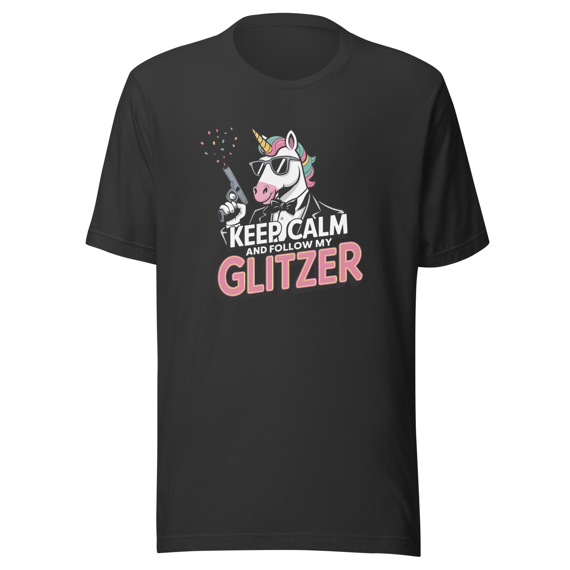 Graues Unisex T-Shirt mit Einhorn und Keep calm and follow my Glitzer Print