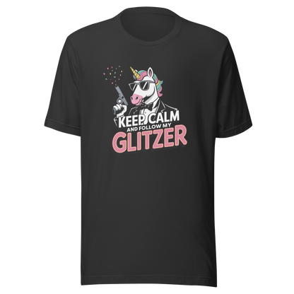 Graues Unisex T-Shirt mit Einhorn und Keep calm and follow my Glitzer Print