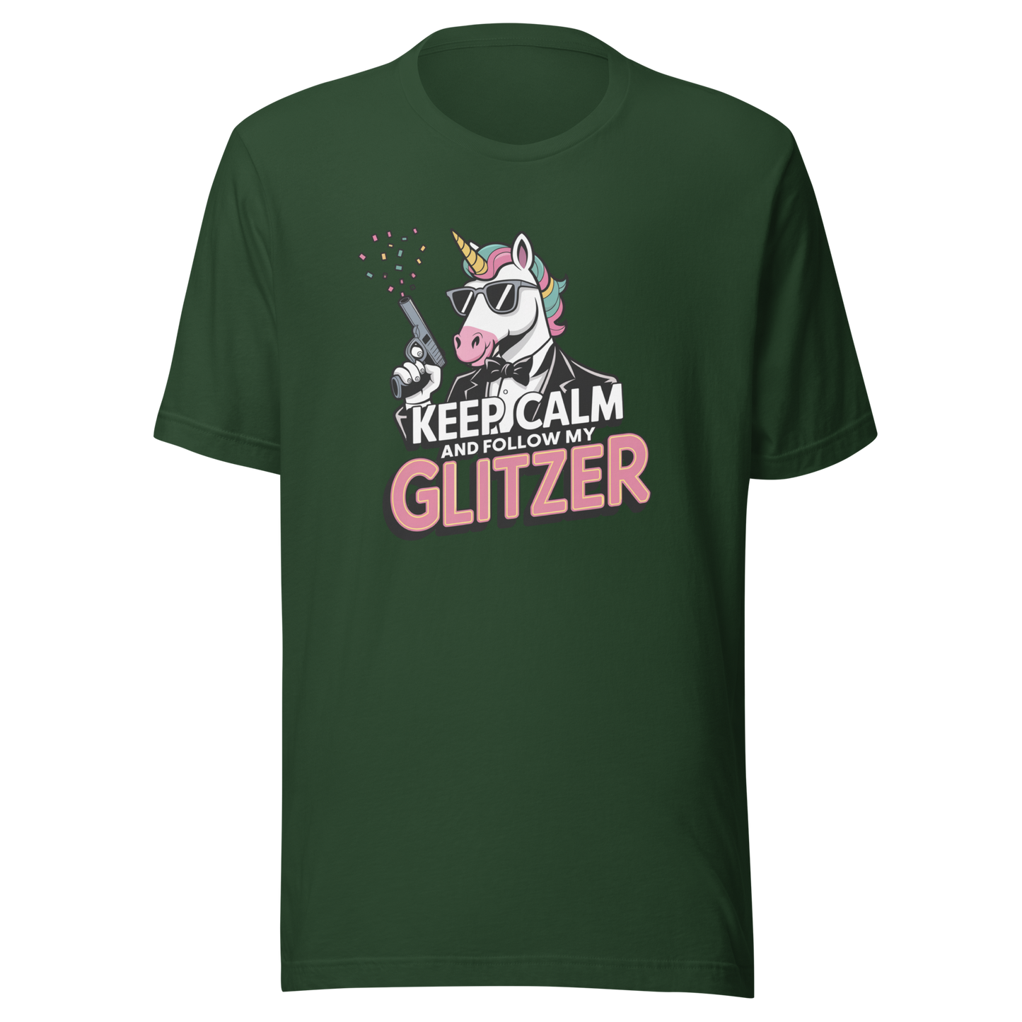 Grünes Unisex T-Shirt mit Einhorn und Keep calm and follow my Glitzer Print