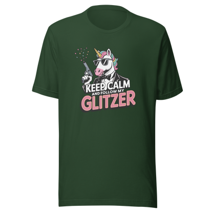 Grünes Unisex T-Shirt mit Einhorn und Keep calm and follow my Glitzer Print