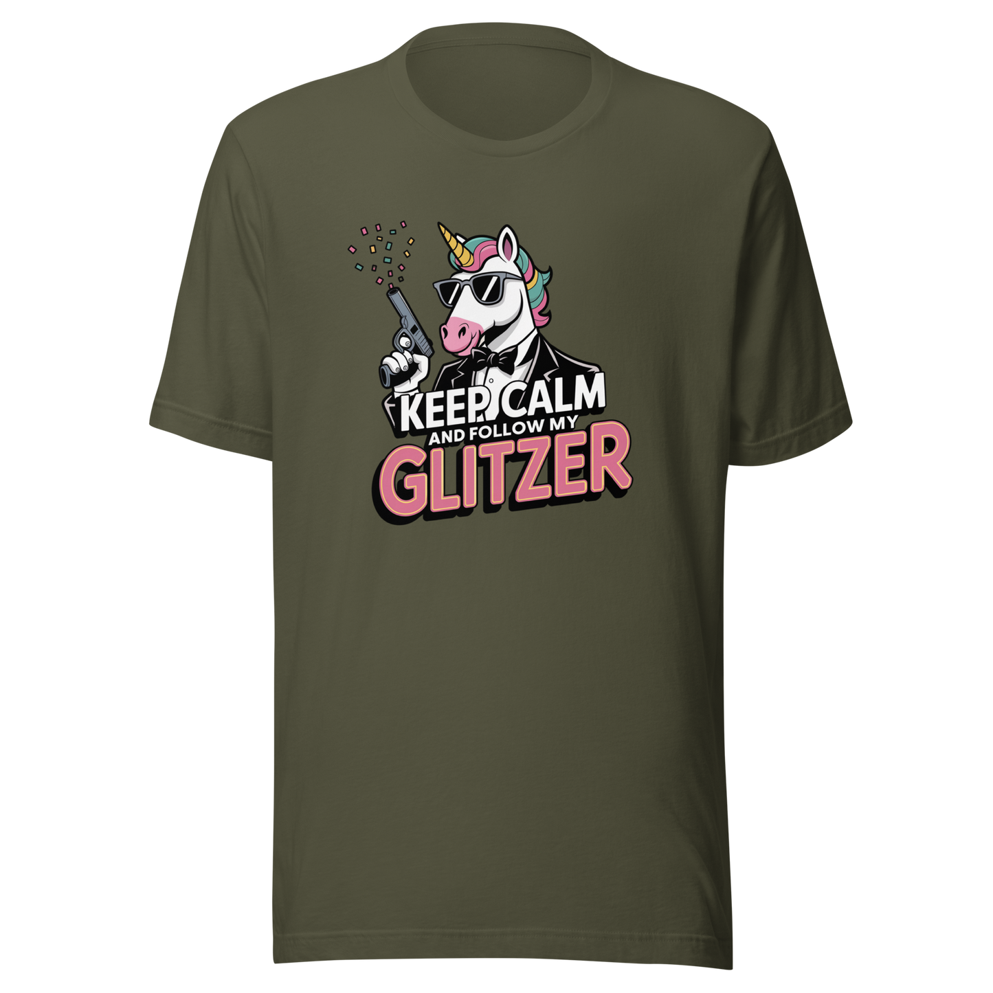 Militär Grünes Unisex T-Shirt mit Einhorn und Keep calm and follow my Glitzer Print