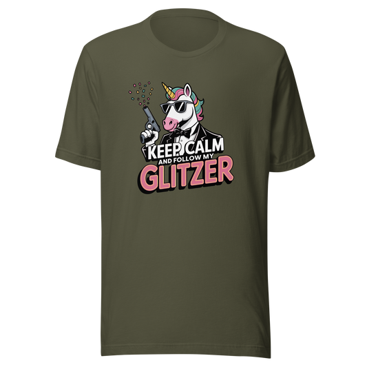 Militär Grünes Unisex T-Shirt mit Einhorn und Keep calm and follow my Glitzer Print