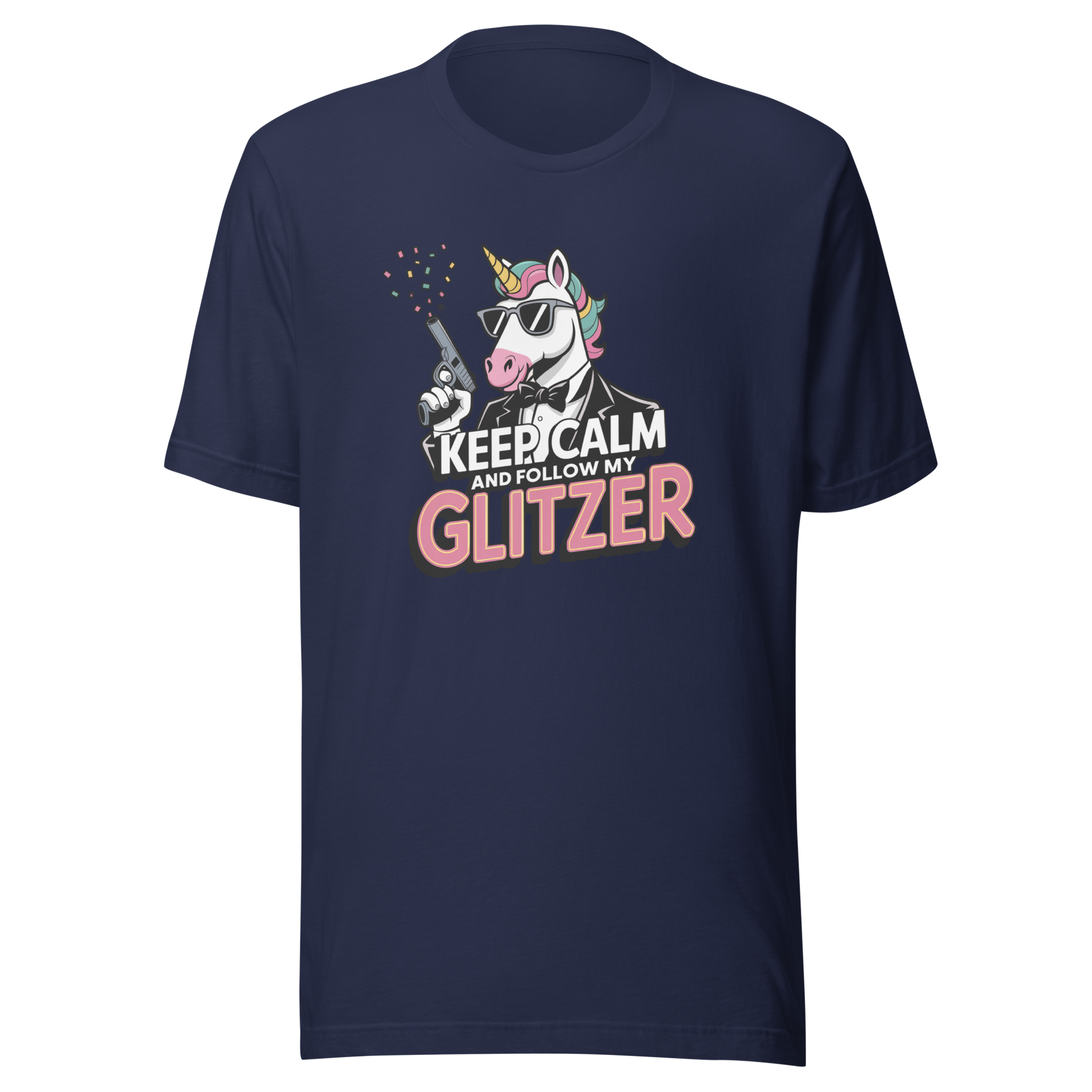 Navy Unisex T-Shirt mit Einhorn und Keep calm and follow my Glitzer Print