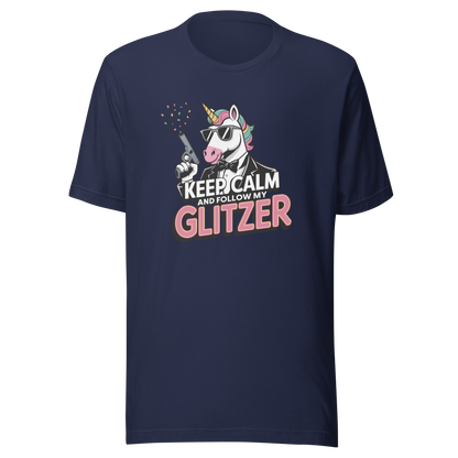Navy Unisex T-Shirt mit Einhorn und Keep calm and follow my Glitzer Print