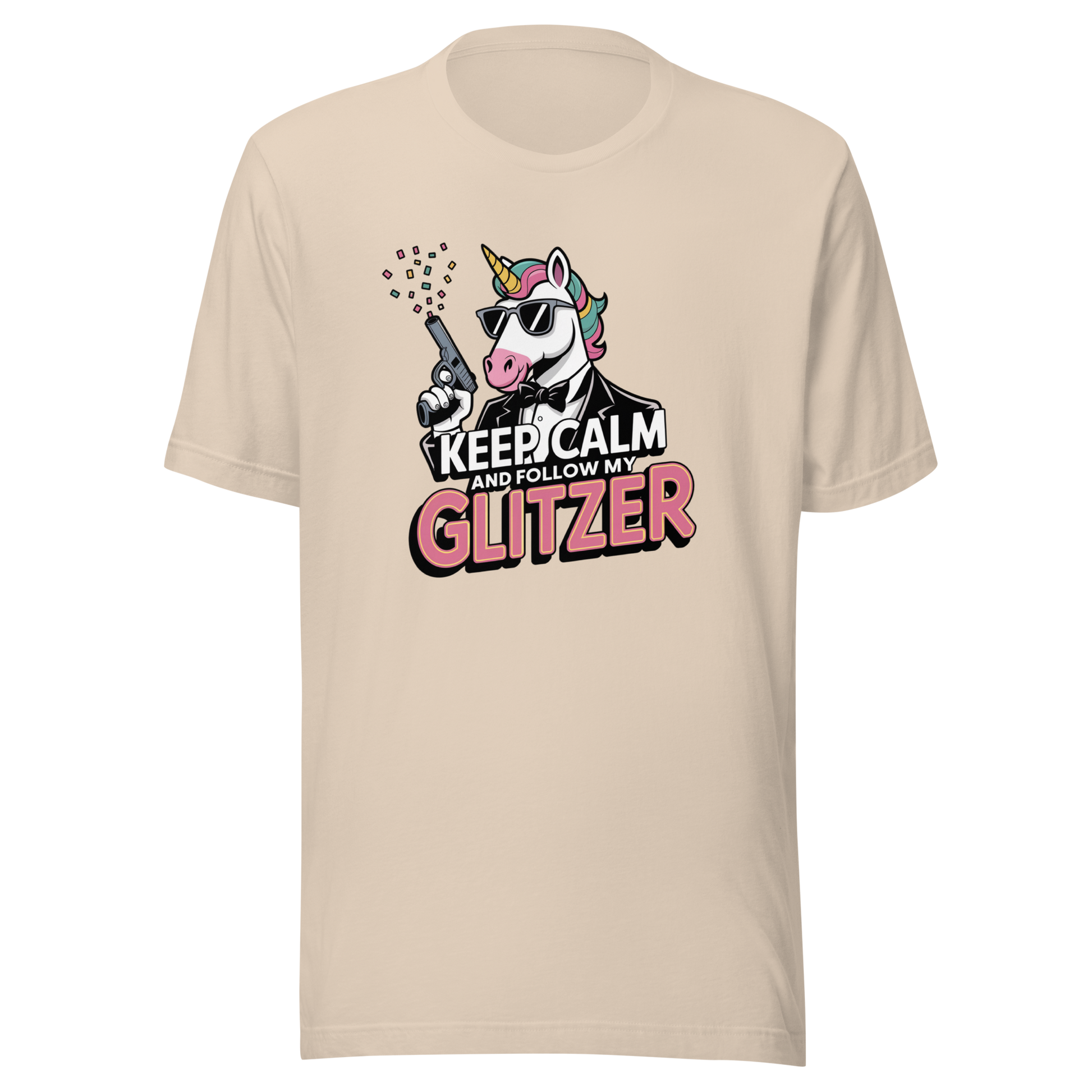 Creme farbendes Unisex T-Shirt mit Einhorn und Keep calm and follow my Glitzer Print