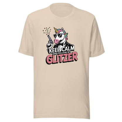 Creme farbendes Unisex T-Shirt mit Einhorn und Keep calm and follow my Glitzer Print