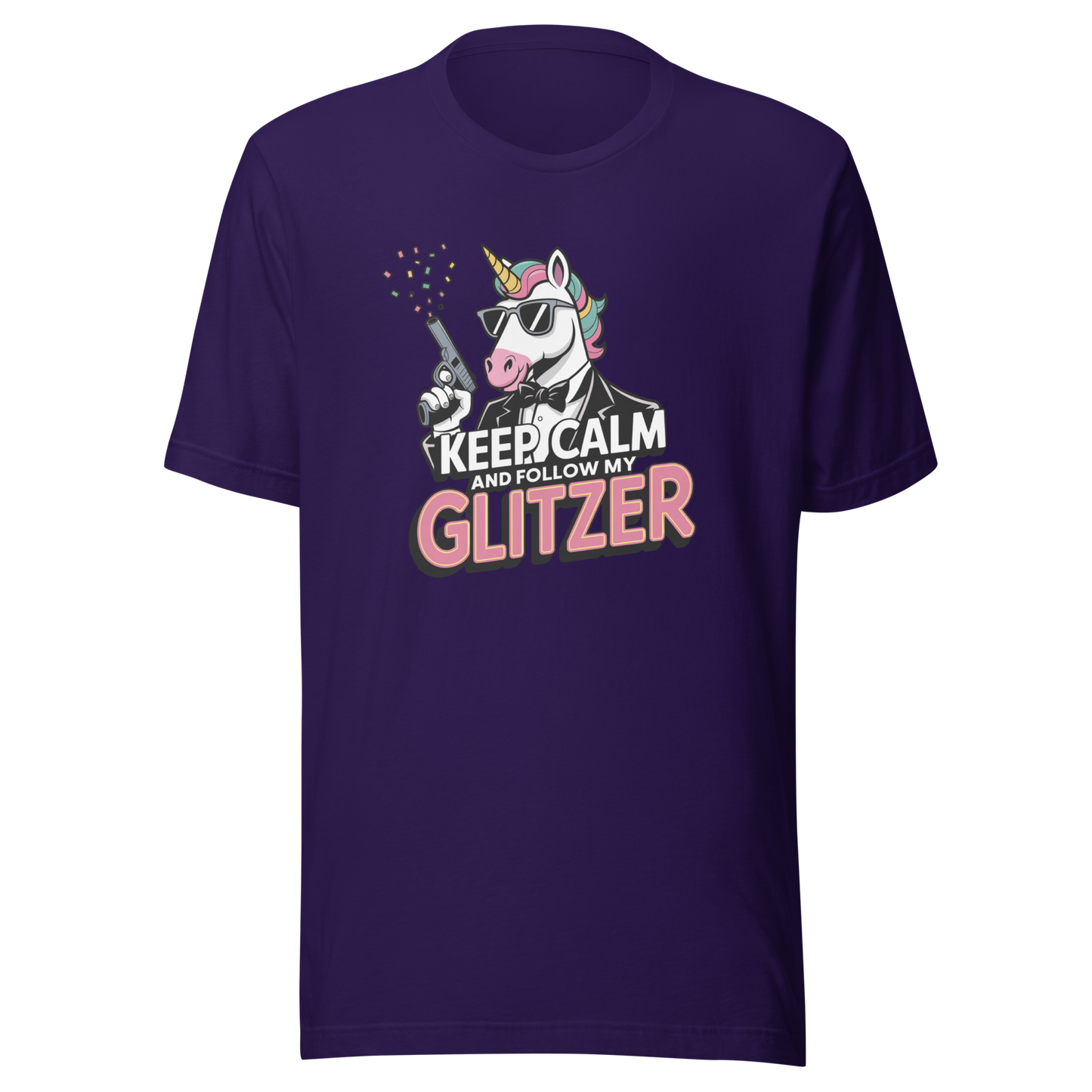 Lila Unisex T-Shirt mit Einhorn und Keep calm and follow my Glitzer Print