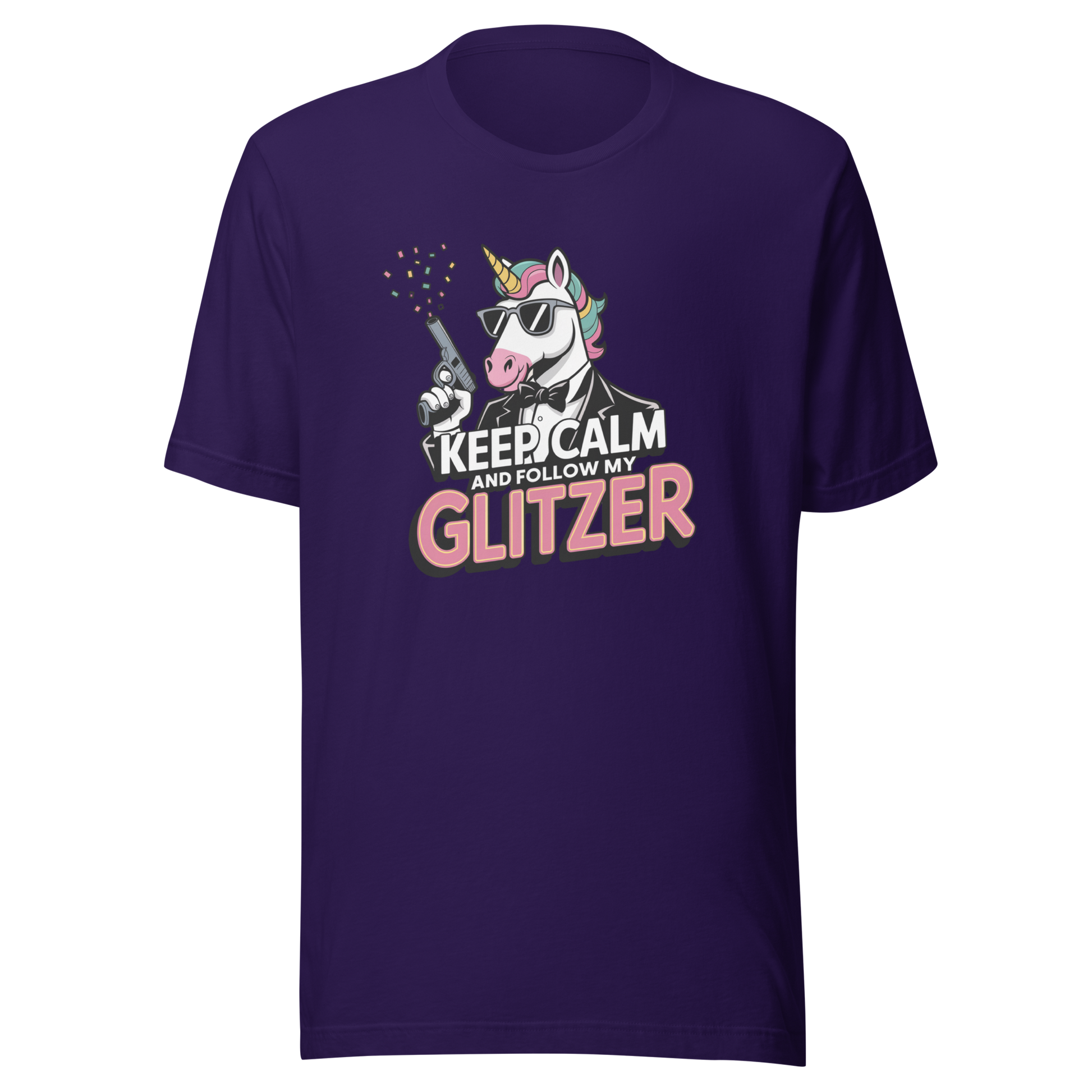 Lila Unisex T-Shirt mit Einhorn und Keep calm and follow my Glitzer Print