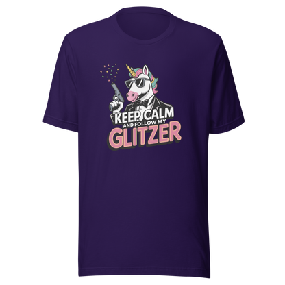 Lila Unisex T-Shirt mit Einhorn und Keep calm and follow my Glitzer Print