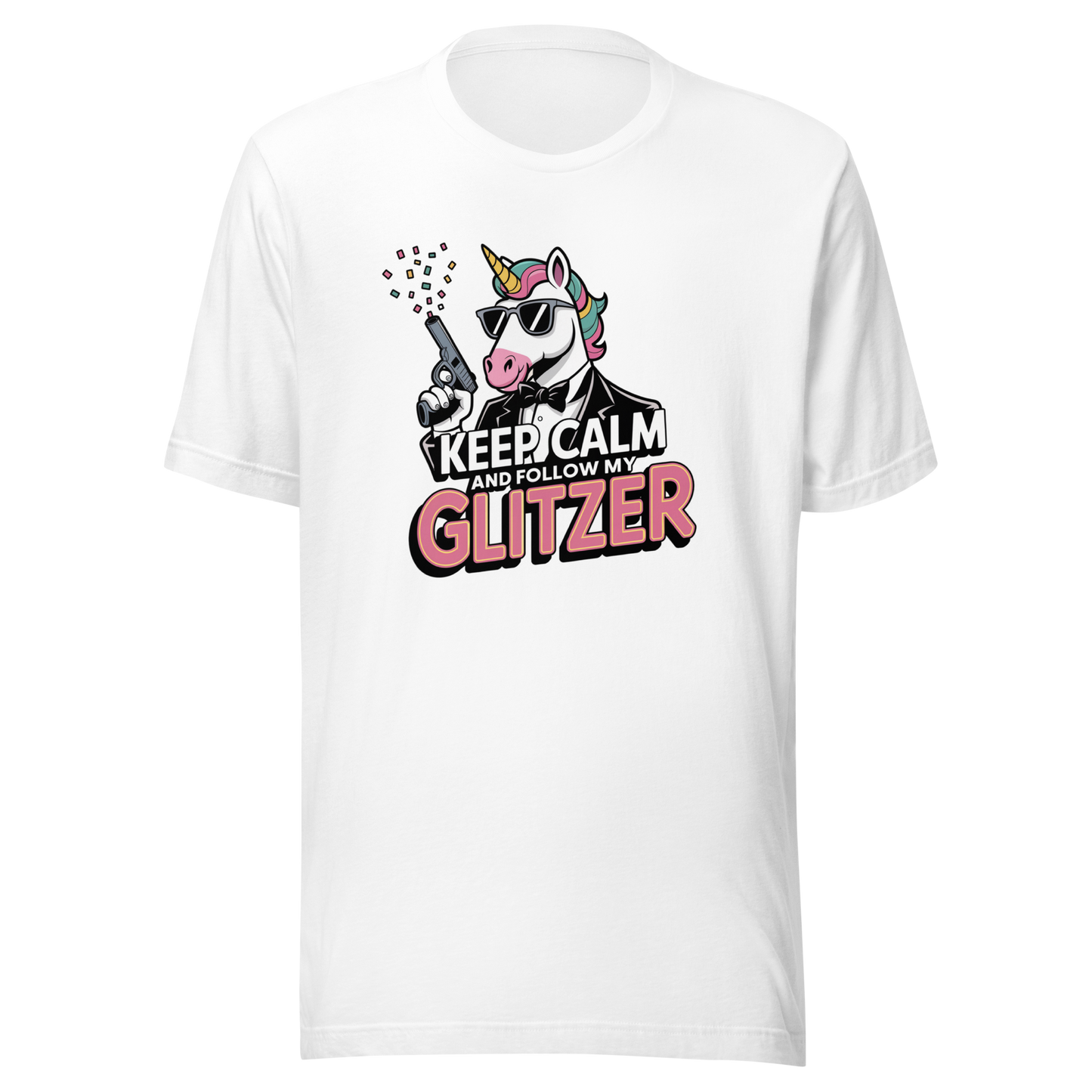 Weißes Unisex T-Shirt mit Einhorn und Keep calm and follow my Glitzer Print