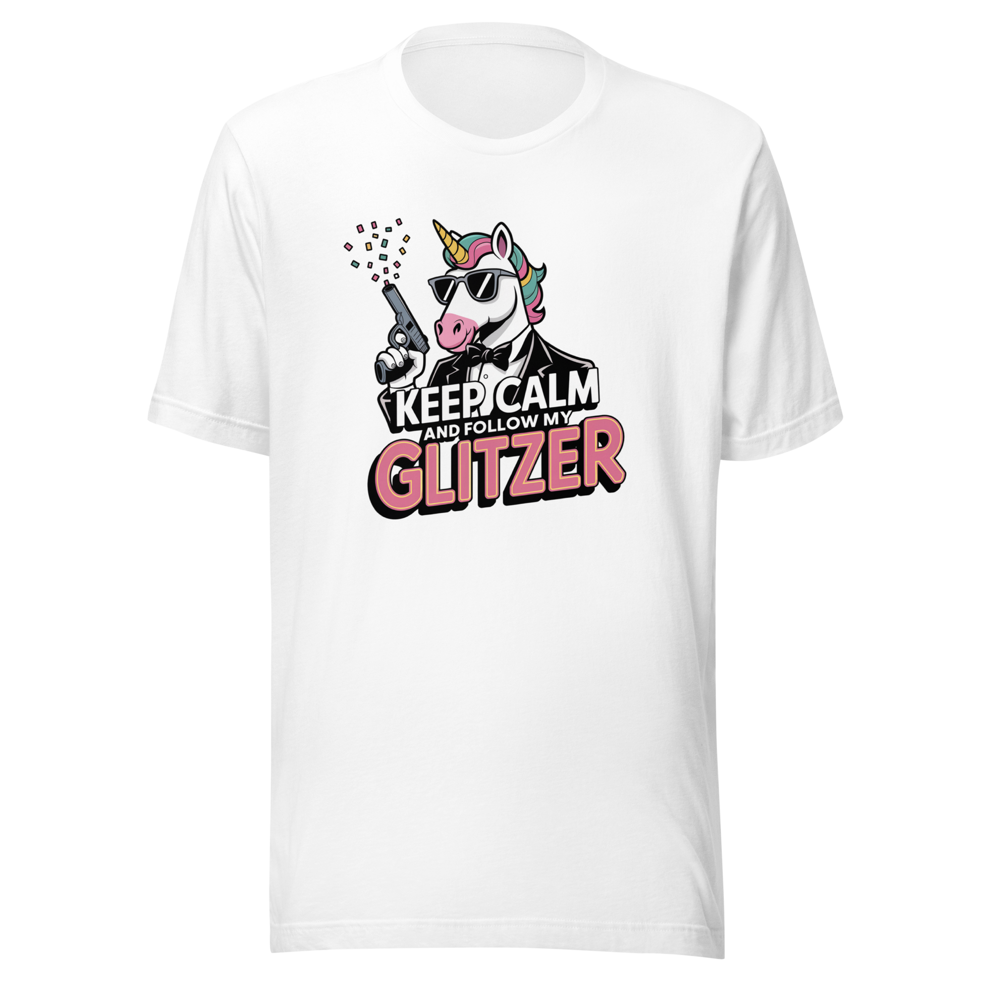 Weißes Unisex T-Shirt mit Einhorn und Keep calm and follow my Glitzer Print