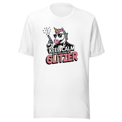 Weißes Unisex T-Shirt mit Einhorn und Keep calm and follow my Glitzer Print