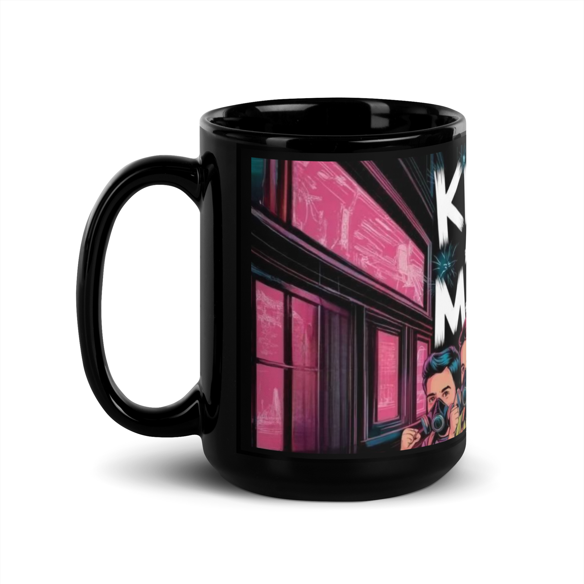 Linke Seitenansicht Schwarze Tasse mit Kinder an die Macht Schriftzug und Kindern mit Gasmasken