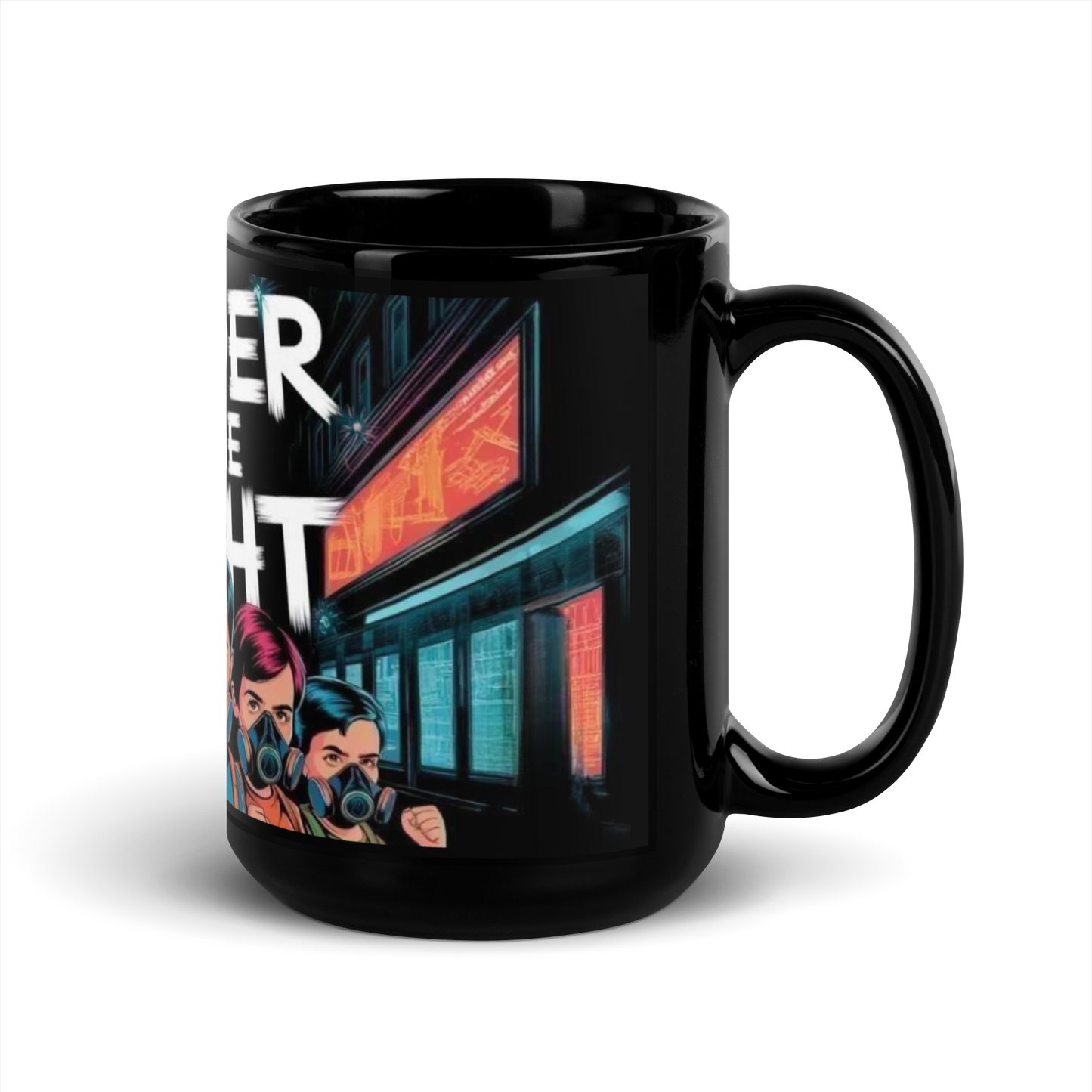 Rechte Seitenansicht Schwarze Tasse mit Kinder an die Macht Schriftzug und Kindern mit Gasmasken