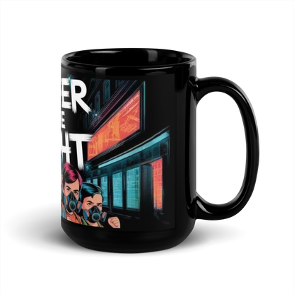 Rechte Seitenansicht Schwarze Tasse mit Kinder an die Macht Schriftzug und Kindern mit Gasmasken