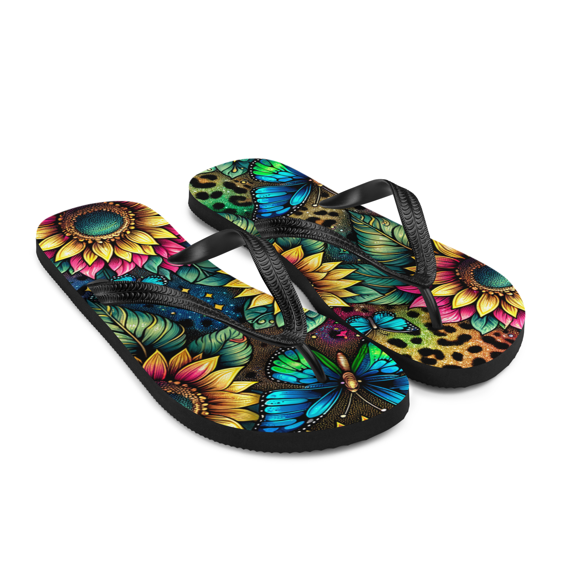 Seitenansicht zwei Flip-Flops mit buntem Muster mit Sonnenblumen und Schmetterling