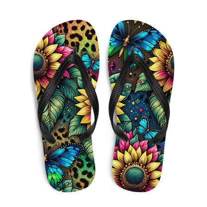 Obenansicht zwei Flip-Flops mit buntem Muster mit Sonnenblumen und Schmetterling