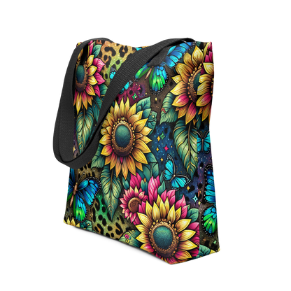 All-Over Stoffbeutel mit buntem Sonnenblumen und Schmetterlinge Print und schwarzem Henkel, Seitenansicht 