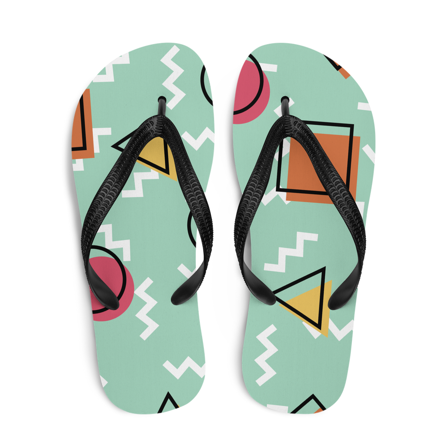 Obenansicht von zwei hellgrüne Flip-Flops mit bunten Formen