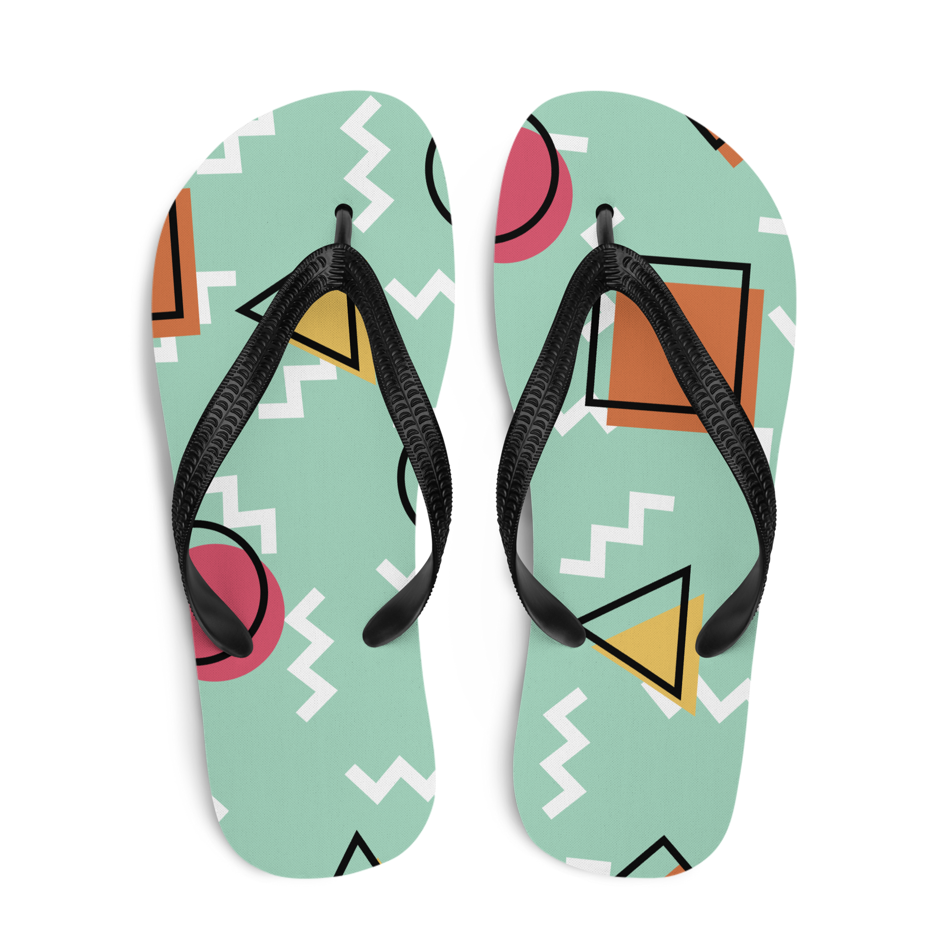 Obenansicht von zwei hellgrüne Flip-Flops mit bunten Formen