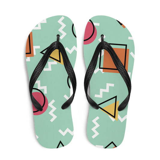 Obenansicht von zwei hellgrüne Flip-Flops mit bunten Formen