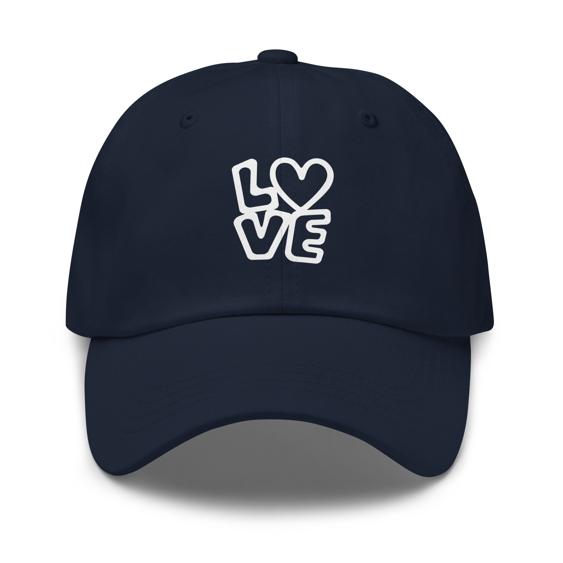 Navy Cap mit LOVE Print bei dem das O durch ein Herz ersetzt ist